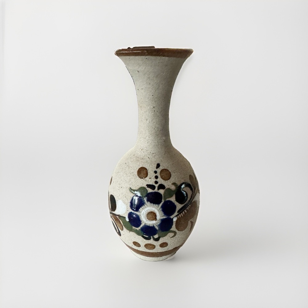 Mexican Folk Art Pottery Sandstone Bird Flowers Tonala Vase 5.5"
